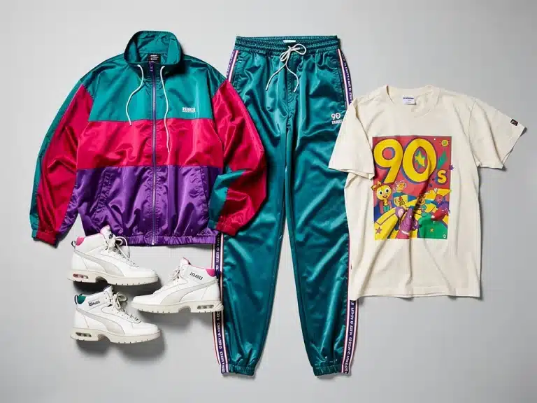 Collection of iconic 1990s athleisure vintage clothing and accessories on display.