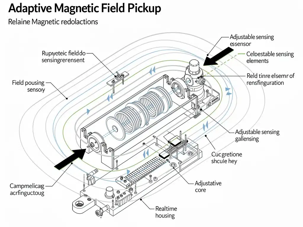Technical diagram of an adaptive magnetic field guitar pickup, showing dynamic adjustments.