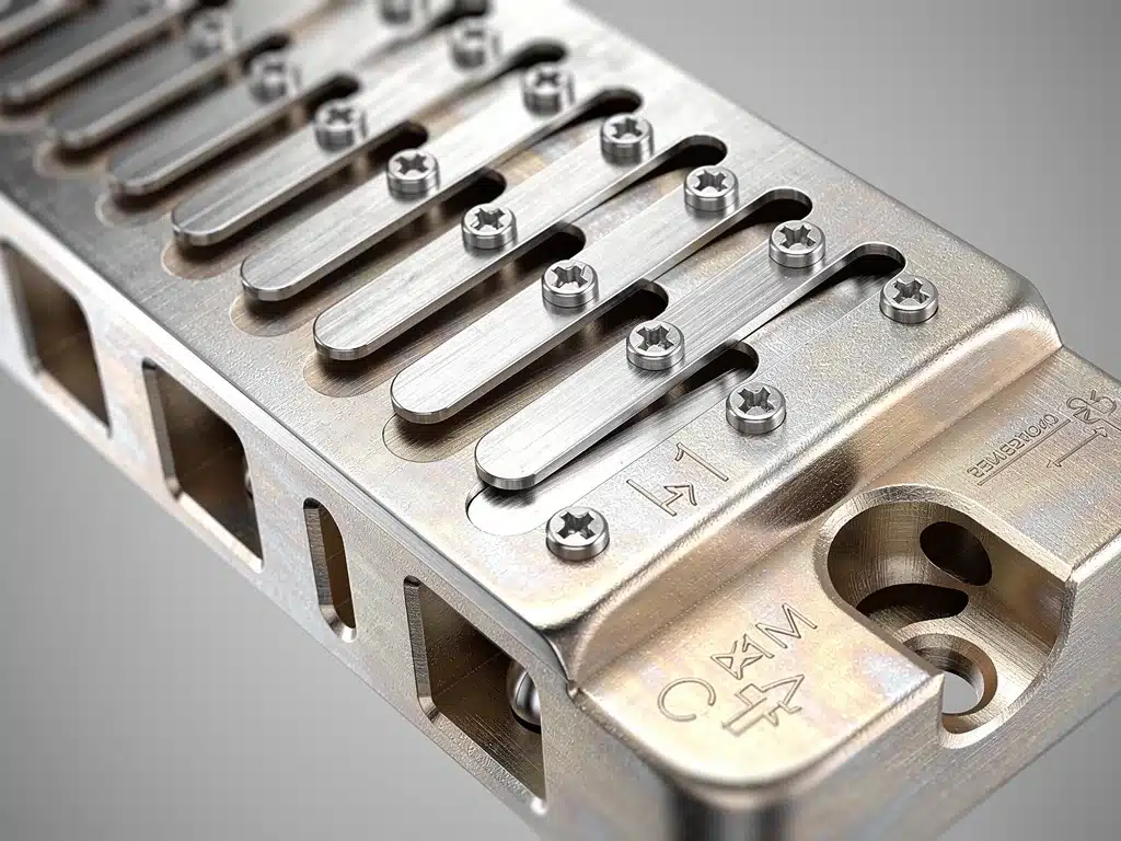 Close-up of advanced harmonica reed plate made from novel alloy.