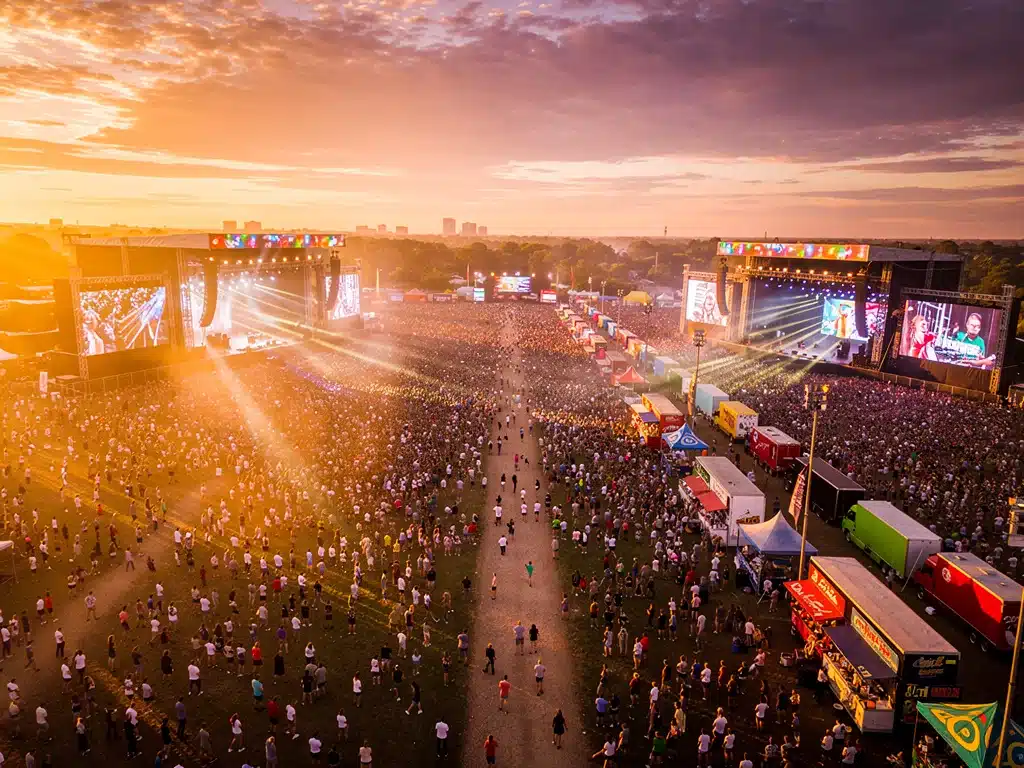 Panoramic view of a large music festival at sunset, with multiple stages and a huge crowd.