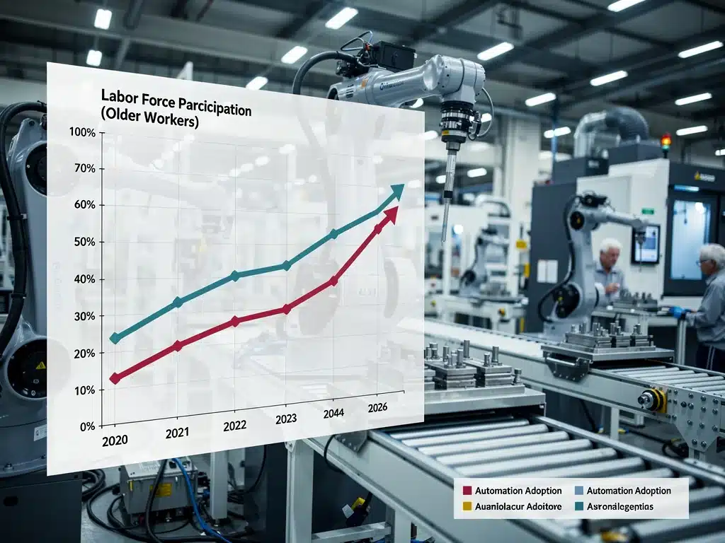 Graph showing declining older worker participation and increasing automation in US economy.