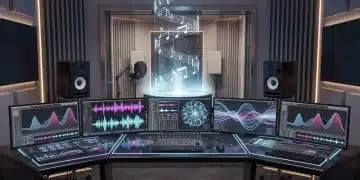 AI-powered music studio with holographic notes and integrated interfaces