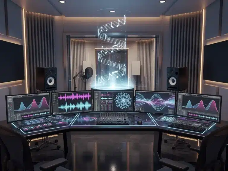 AI-powered music studio with holographic notes and integrated interfaces