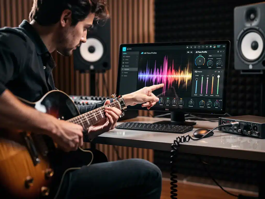 Guitarist using AI sound profiling software on a tablet to fine-tune guitar tone.