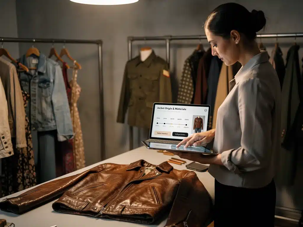AI-powered app verifying vintage leather jacket authenticity and origin data.