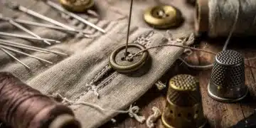 Antique sewing kit with vintage garment buttonhole repair