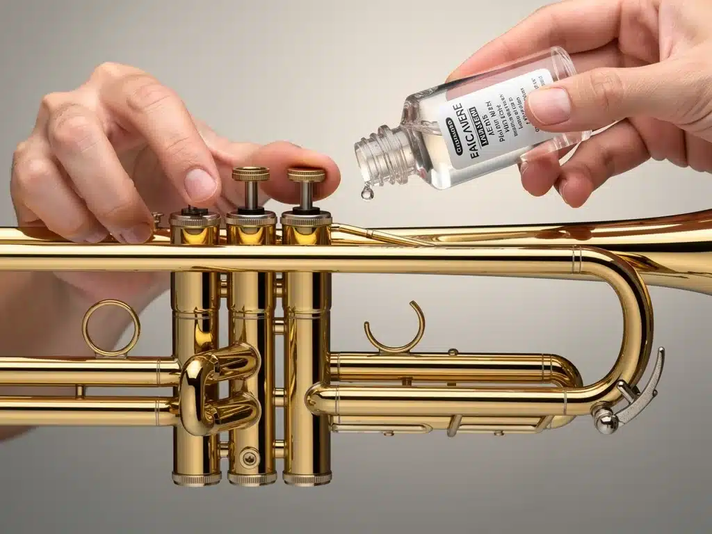 Person applying valve oil to a trumpet, ensuring smooth operation and preventing wear.