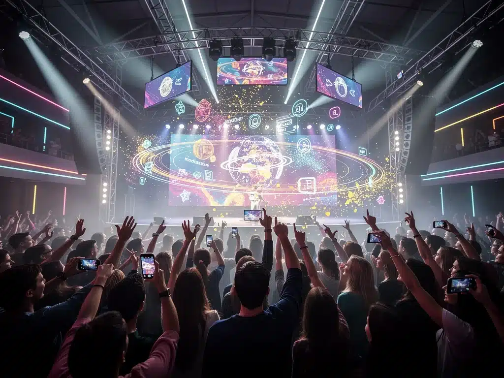 Concert fans interacting with augmented reality display at venue