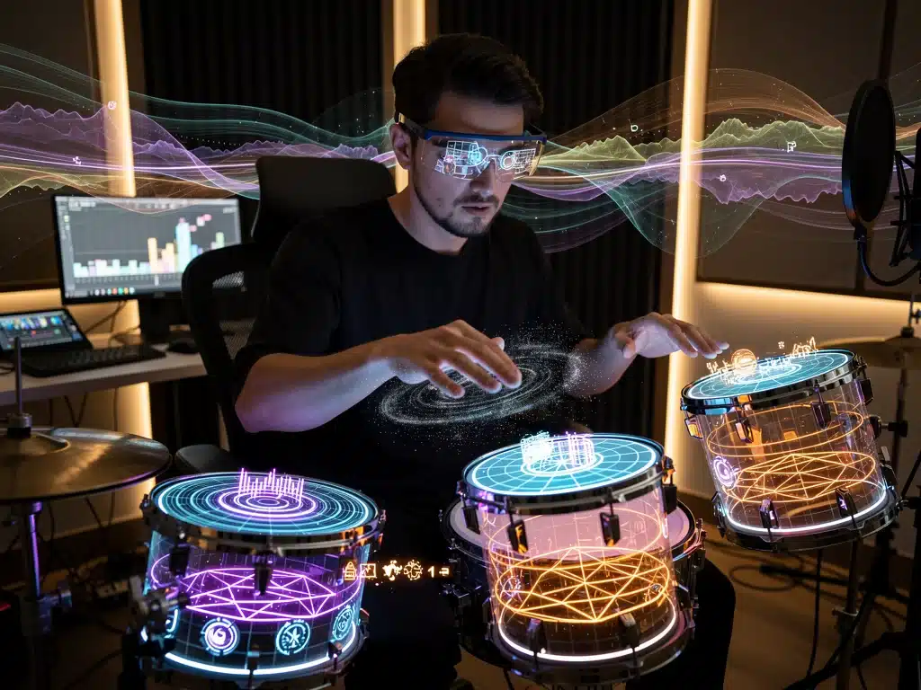 Musician using AR percussion interfaces for haptic feedback