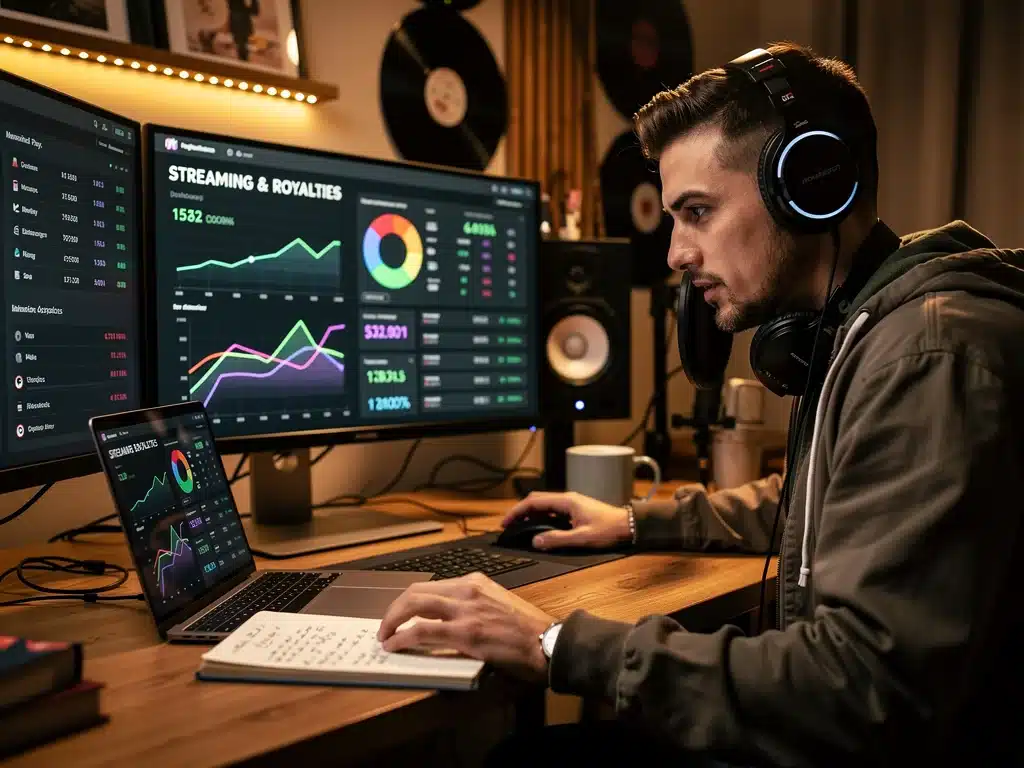 Independent artist analyzing streaming data and royalty reports