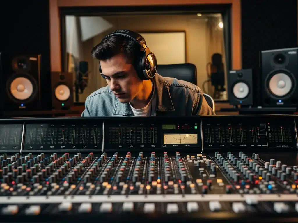 Artist focused in a modern recording studio, symbolizing dedication to music production.