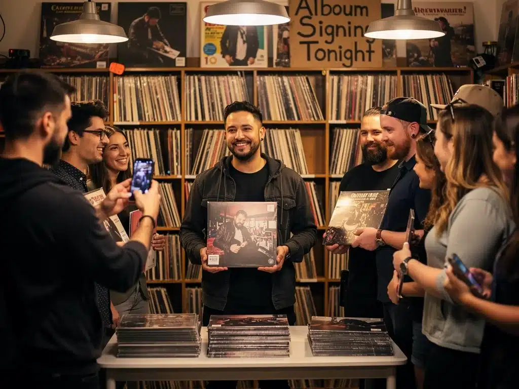 Independent artist holding their vinyl album at a record store, connecting with fans.