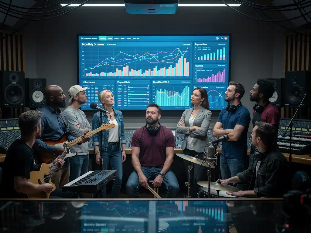 US musicians analyzing streaming royalty data on a screen, representing artist concerns and engagement in 2026.
