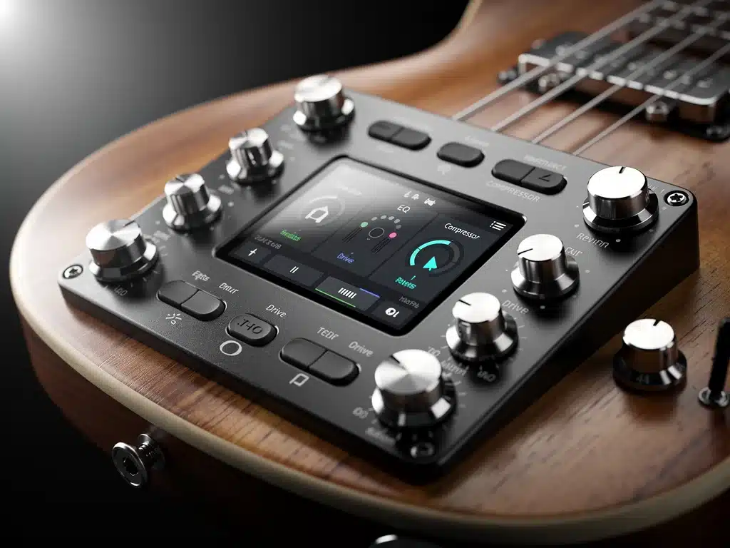 Onboard digital effects processor on a modern bass guitar with touchscreen.