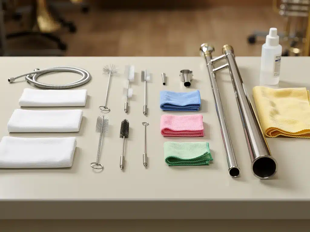 Specialized cleaning brushes and cloths for brass instruments, essential for deep cleaning.