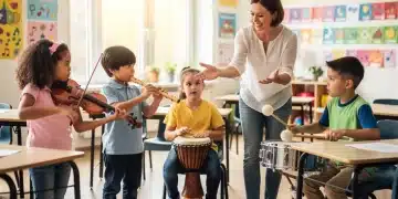Children happily playing instruments in a vibrant music classroom