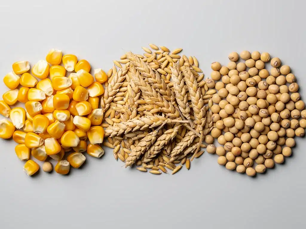 Assortment of corn, wheat, and soybean grains symbolizing agricultural commodity markets.