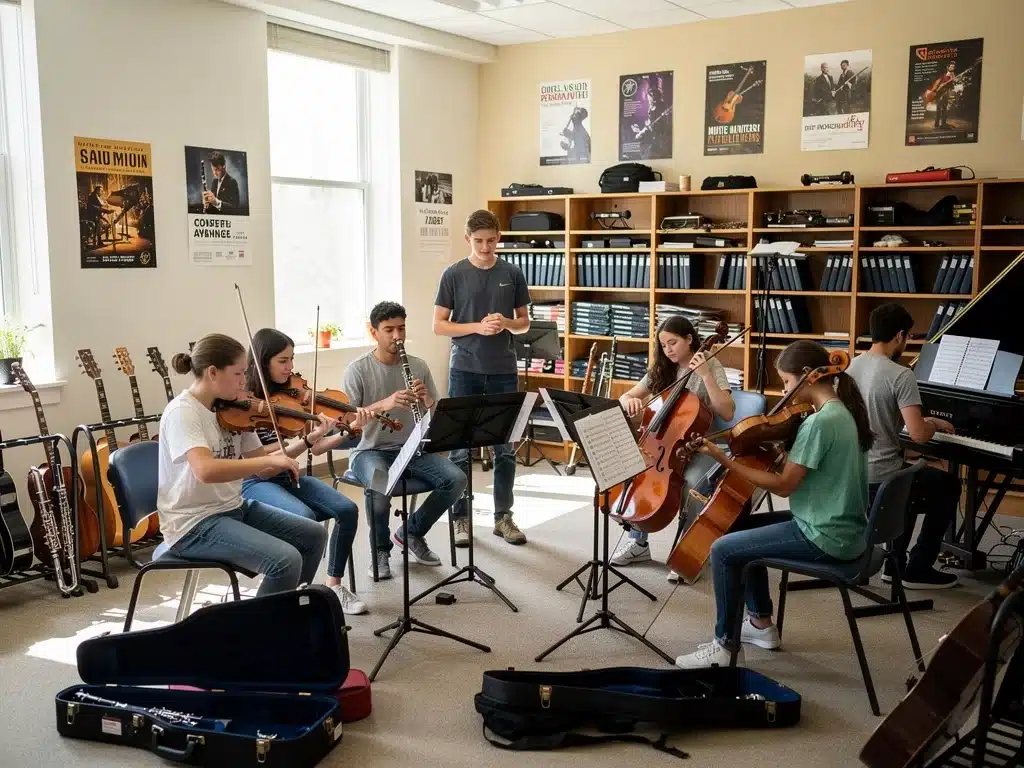 Teenagers rehearsing in a well-equipped community music school
