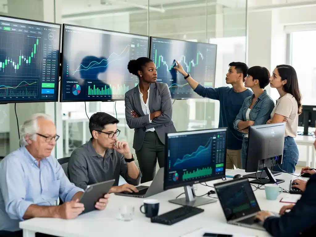 Consumers analyzing financial data, reflecting diverse economic perspectives.