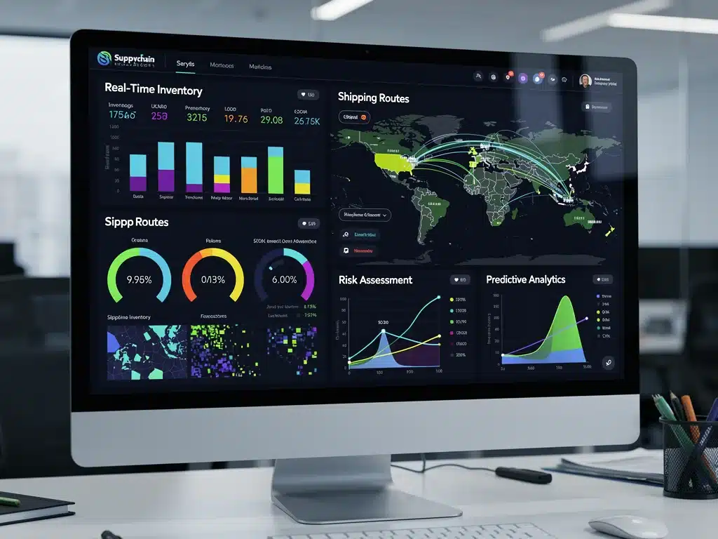 Digital dashboard showing real-time supply chain metrics, predictive analytics, and risk assessments for enhanced resilience.