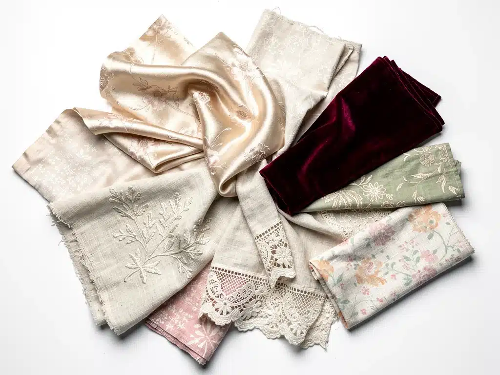Assortment of delicate vintage fabrics like silk and velvet