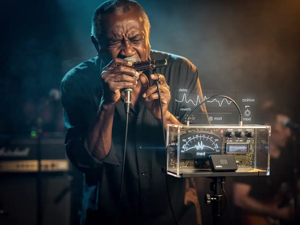 Blues musician using a digitally enhanced harmonica with wireless effects.