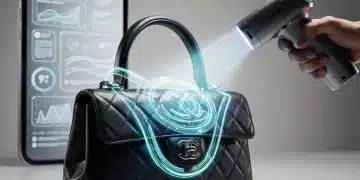 Digital authentication device scanning a vintage Chanel handbag to confirm authenticity.