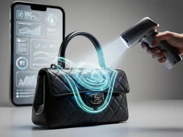 Digital authentication device scanning a vintage Chanel handbag to confirm authenticity.