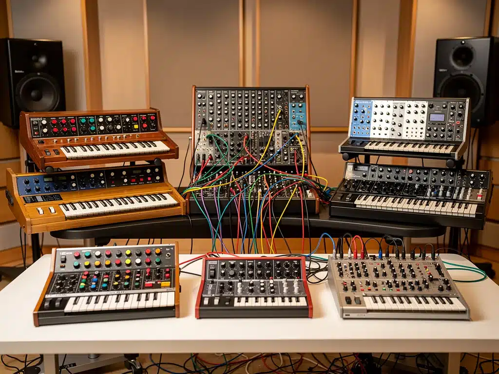 Diverse collection of analog synthesizers in a music studio
