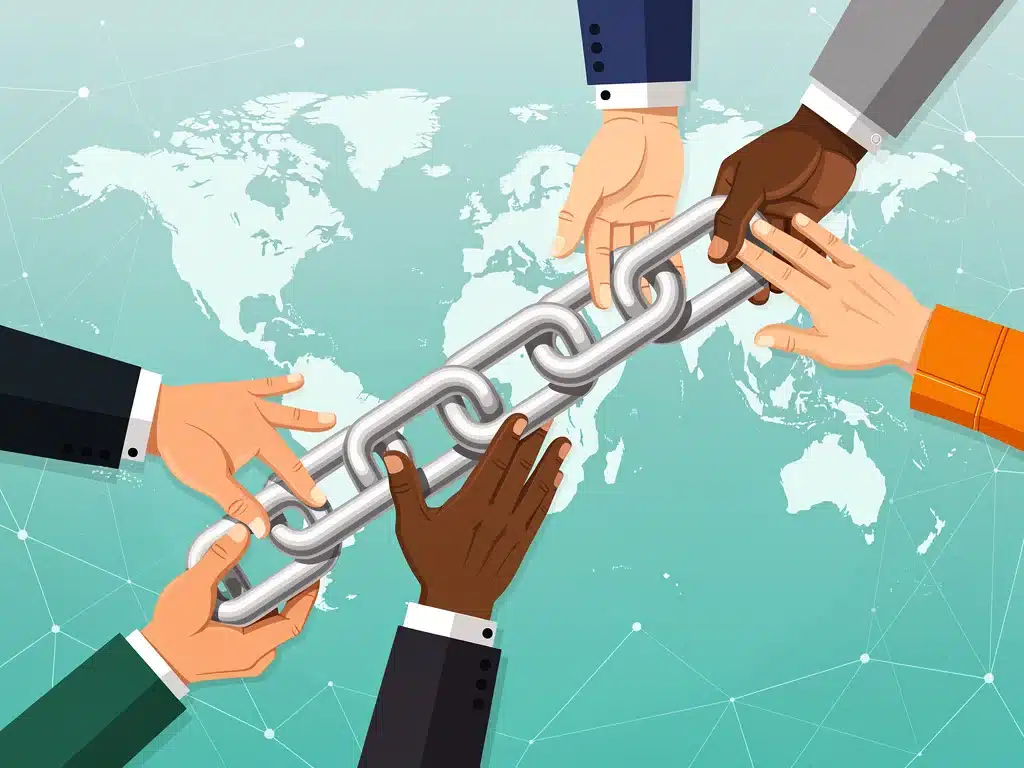 Diverse hands collaborating to build a strong chain link, symbolizing diversified sourcing and global cooperation in supply chain resilience.