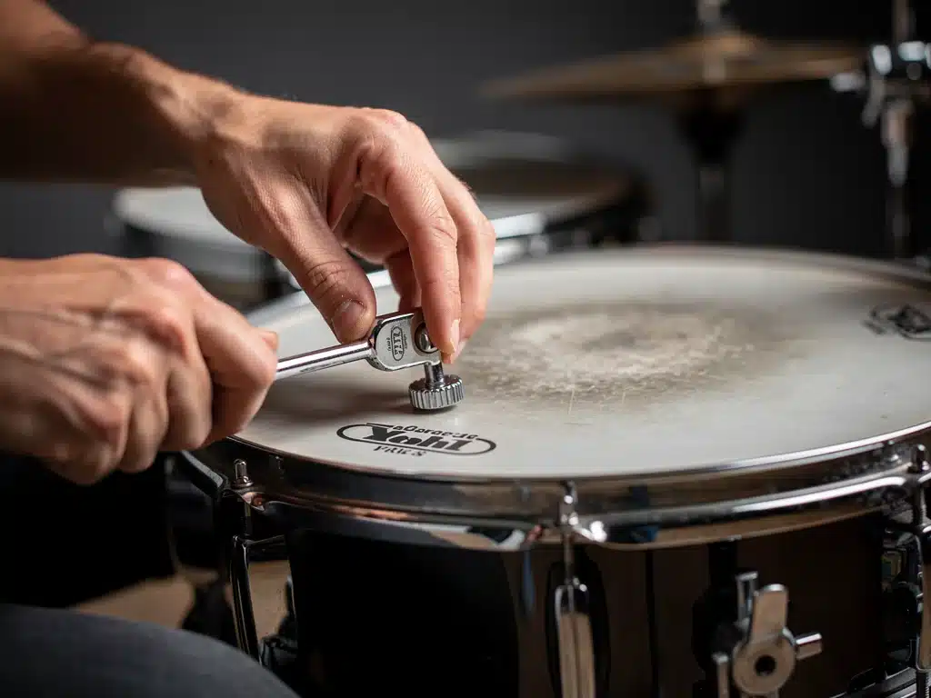 Drummer's hands tuning a snare drum head with a drum key, emphasizing precision and sound optimization.