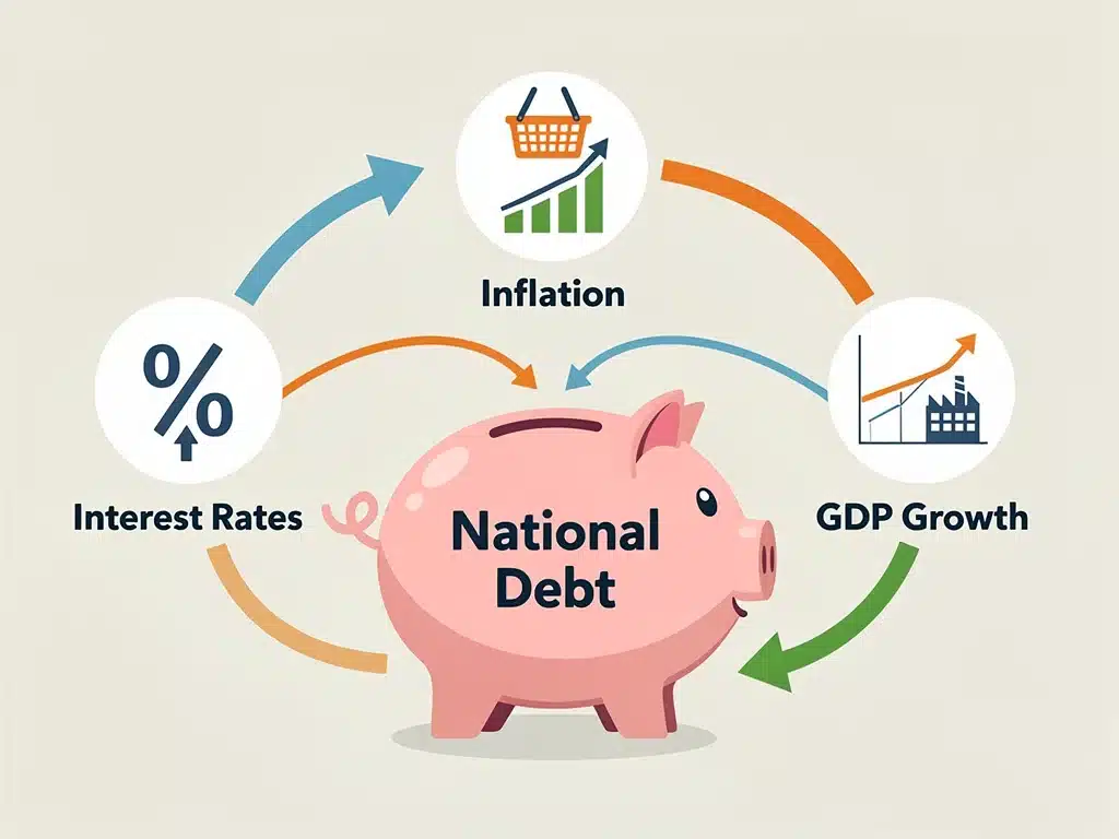 Interconnected economic indicators impacting national debt, including interest rates, inflation, and GDP.