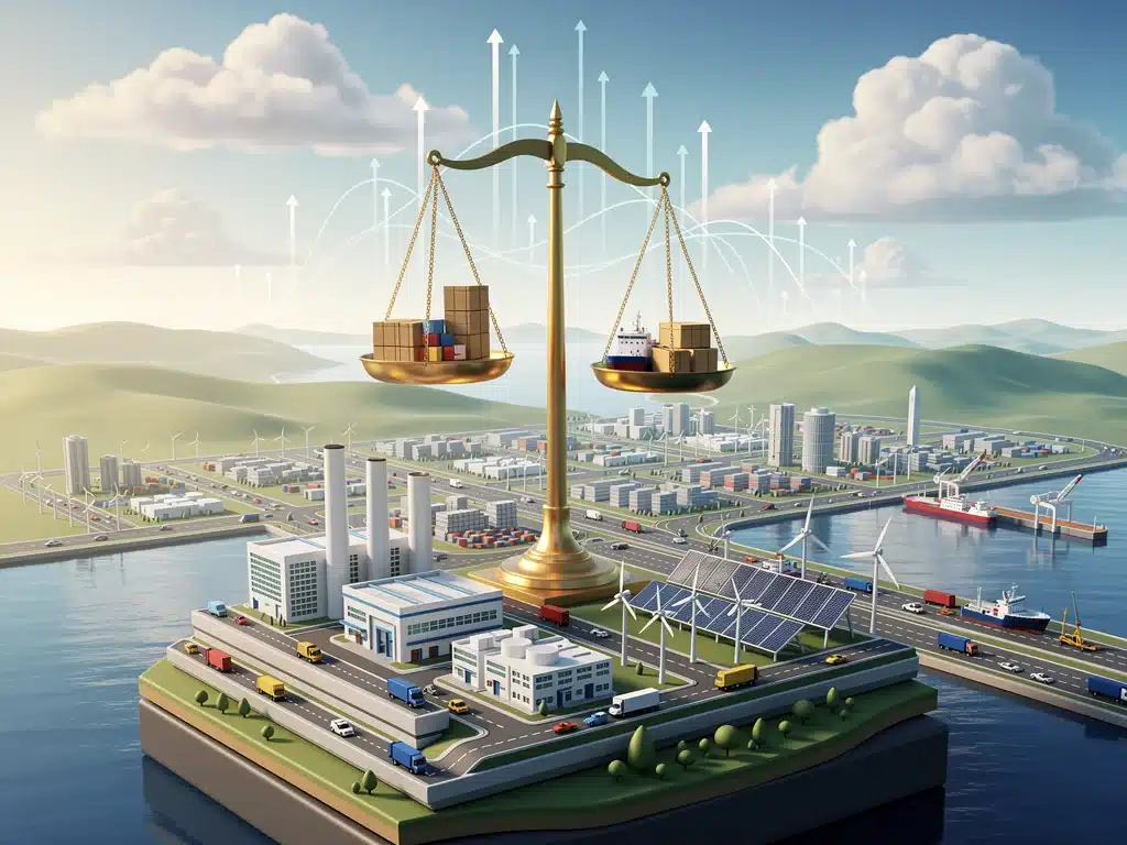 Metaphorical image of a stable economic landscape with balanced trade scales and industrial activity, representing resilience.