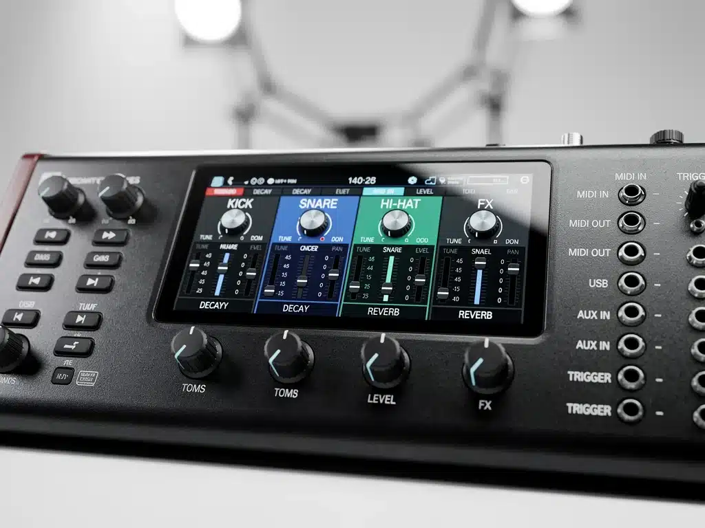 Close-up of an electronic drum kit's sound module interface.