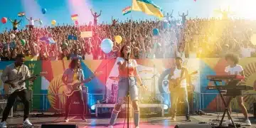 Emerging artists performing energetically at a large outdoor summer music festival stage in the United States.