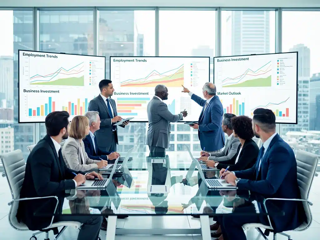 Business professionals analyzing economic data, illustrating employment and investment trends.