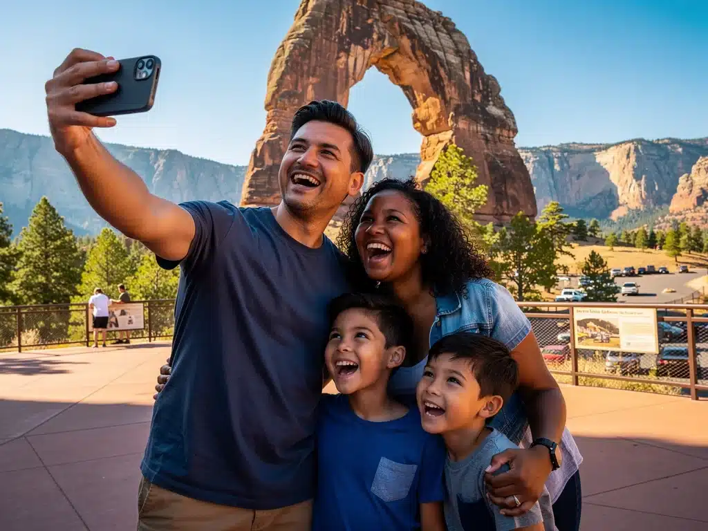 Happy family taking selfie at US national park, boosting domestic tourism