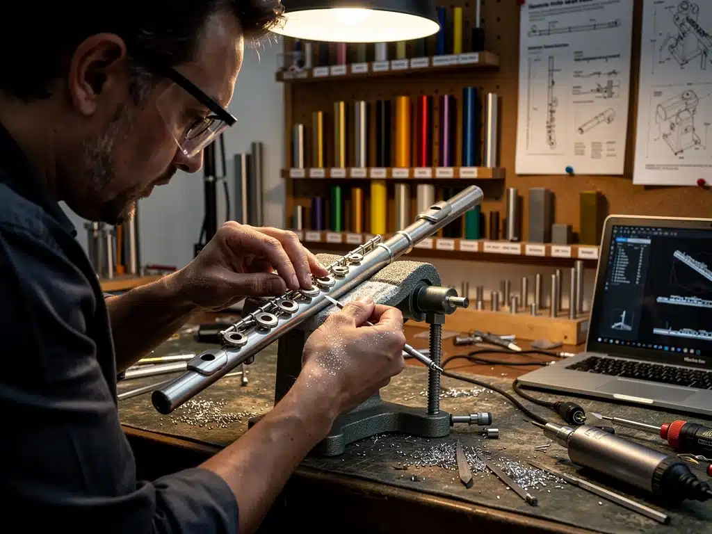 Artisan crafting a flute from innovative synthetic material in a modern workshop.