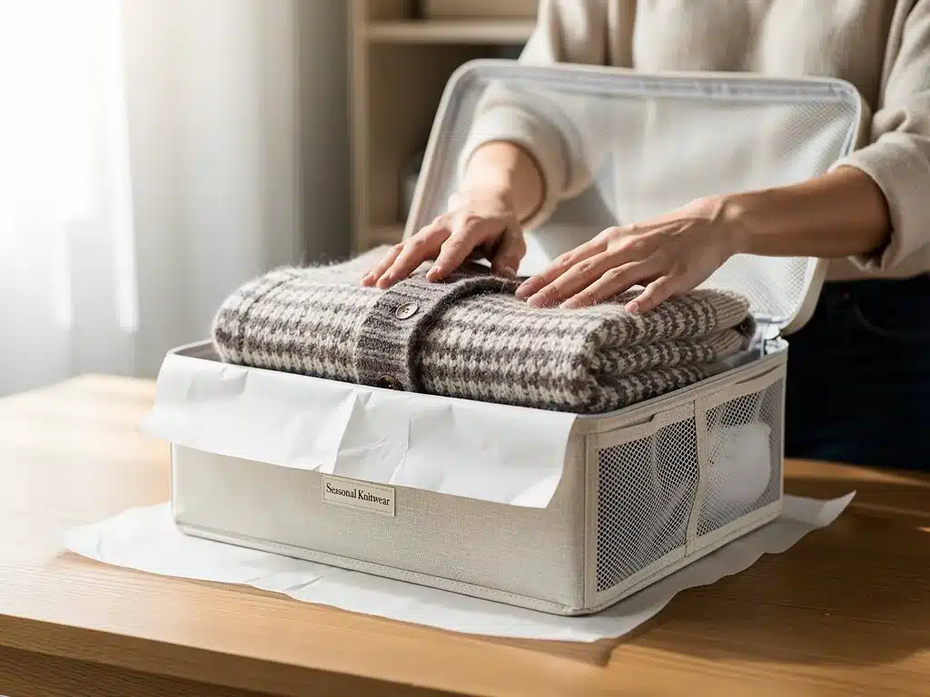 Person carefully folding vintage woolen sweater for storage