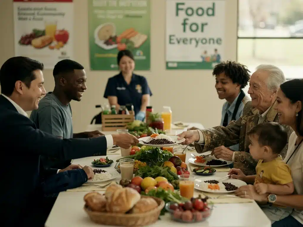 Diverse community sharing a meal, illustrating the concept of food security and access.