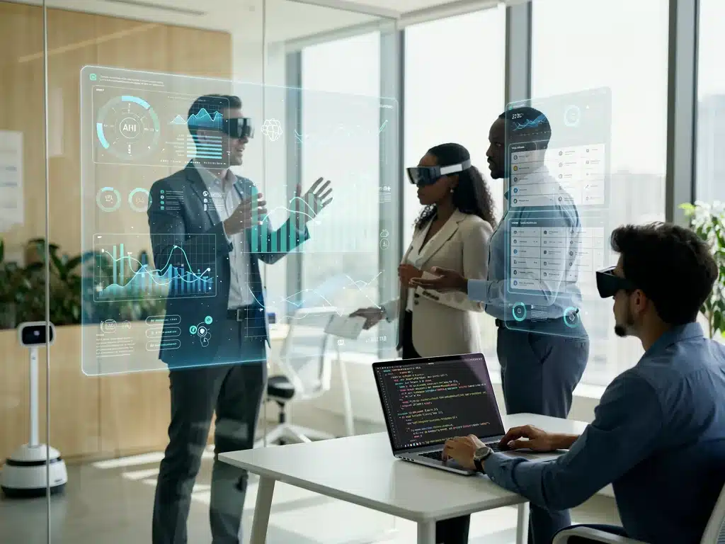 Future workforce collaborating with advanced AI and tech tools in a productive US office