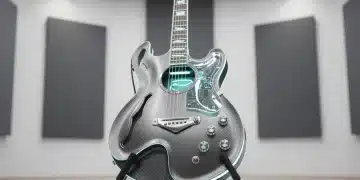 Futuristic acoustic guitar showcasing advanced technology and ergonomic design for improved playability in 2026.