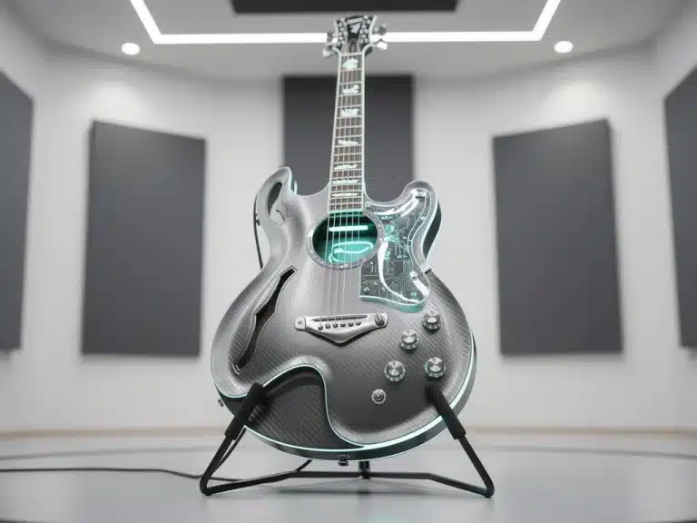 Futuristic acoustic guitar showcasing advanced technology and ergonomic design for improved playability in 2026.
