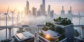 Futuristic city powered by renewable energy with traditional sources, energy transition