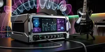 Futuristic digital amplifier modeling unit with glowing interface in a music studio