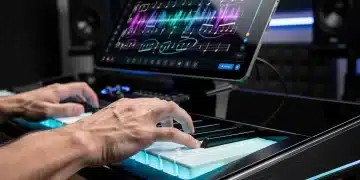 Musician playing futuristic digital piano with advanced features
