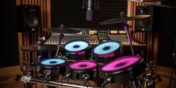Futuristic electronic drum kit in a modern recording studio.