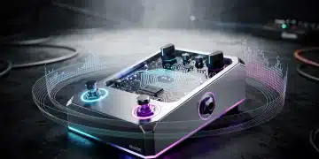 Futuristic guitar pedal with glowing lights, representing 2026 innovations