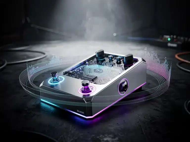 Futuristic guitar pedal with glowing lights, representing 2026 innovations