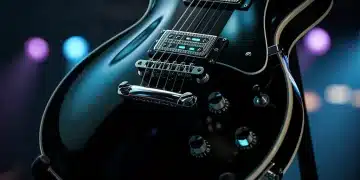 Futuristic guitar pickups glowing on an electric guitar, showcasing innovative tone shaping technology.